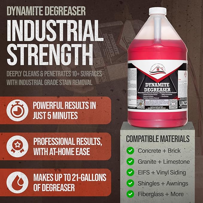 Dynamite Degreaser by Southeast Softwash | Heavy Duty Degreaser Cleaner for Oil and Grease | Driveway Cleaner for Concrete, Dumpster Pads, Gas Stations and Commercial Surfaces | 5 Gallons