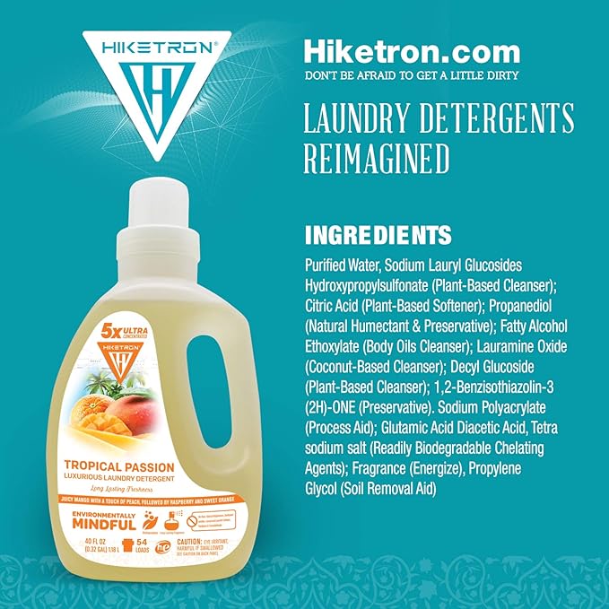 Hiketron Tropical Passion Liquid Laundry Detergent, 5x Ultra Concentrated, Tough Stains Remover, Long Lasting Scent (80 Fl Oz, Pack of 2)
