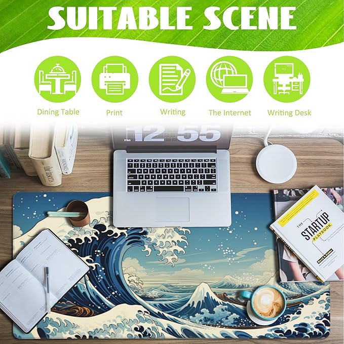 Eflxamz Desk Mat,Blue Japanese Sea Wave Desk Pad,Japanese Sea Wave Large Gaming Mouse Pad for Desk,Extended Big Computer Keyboard Mouse Pad with Non-Slip Base and Stitched Edge,35.4"x15.7"