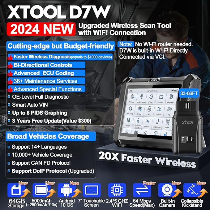 XTOOL D7W OBD2 Scanner Diagnostic Tool: 2026 Wireless Ver. of D7/D7S/D7BT, AI-Assisted Bidirectional Scan Tool with Full System Diagnostic, PMI, ECU Coding, 39+ Resets, CAN FD/DoIP, Scanner for Car