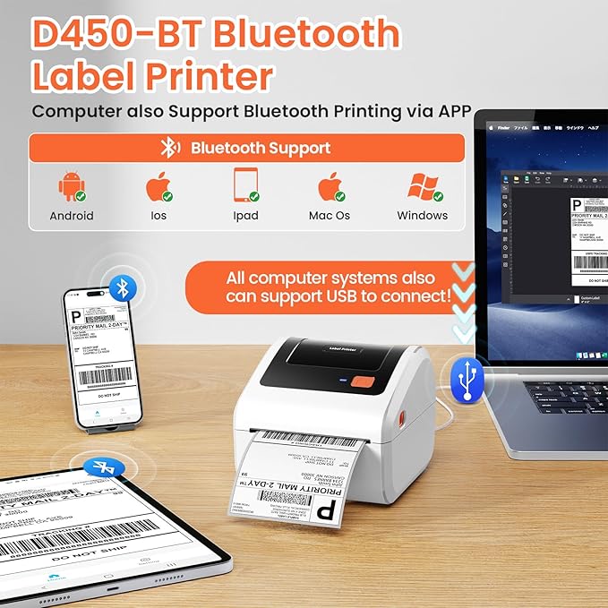 Omezizy Bluetooth Thermal Shipping Label Printer - D450BT Thermal Label Printer 4x6 for Small Business & Shipping Packages, Compatible with iPhone, Android, iPad, Windows, macOS, USPS, Amazon, Tiktok