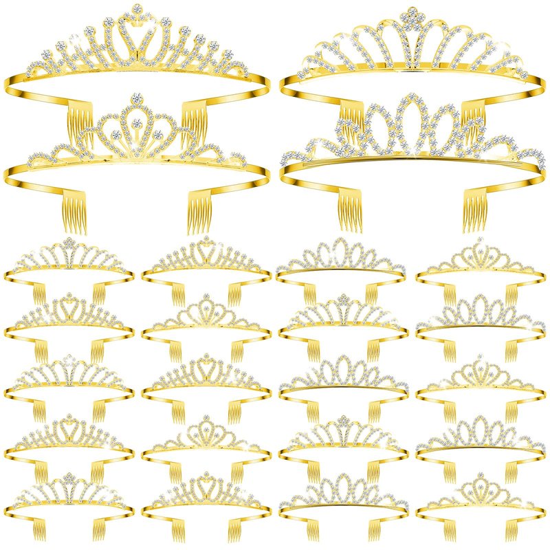 Yuefunny 24 Pcs Crystal Tiara Crowns for Women Bulk Rhinestone Princess Headband Crown with Combs Tiaras for Pageant Bridal Shower Wedding Birthday Prom Party Gifts(Stylish,Gold)