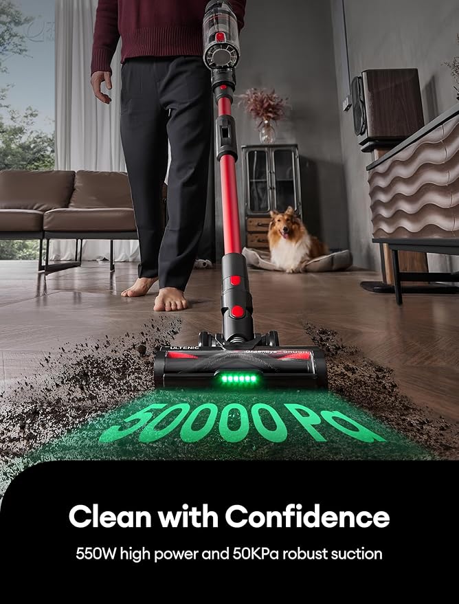 Ultenic Cordless Vacuum Cleaner, 600W 55Kpa 60Mins Vacuum Cleaners for Home, with 180°Bendable Wand, Anti-Tangle Brush, Charging Dock, Stick Vacuum Cordless for Pet Hair/Carpet/Floor/Car