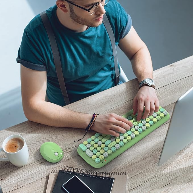 KNOWSQT Wireless Keyboard and Mouse Combo, Light Green 100 Keys 2.4 GHz Round Keycap Typewriter Keyboards, USB Receiver Plug and Play, for Windows, PC, Laptop, Mac, Desktop