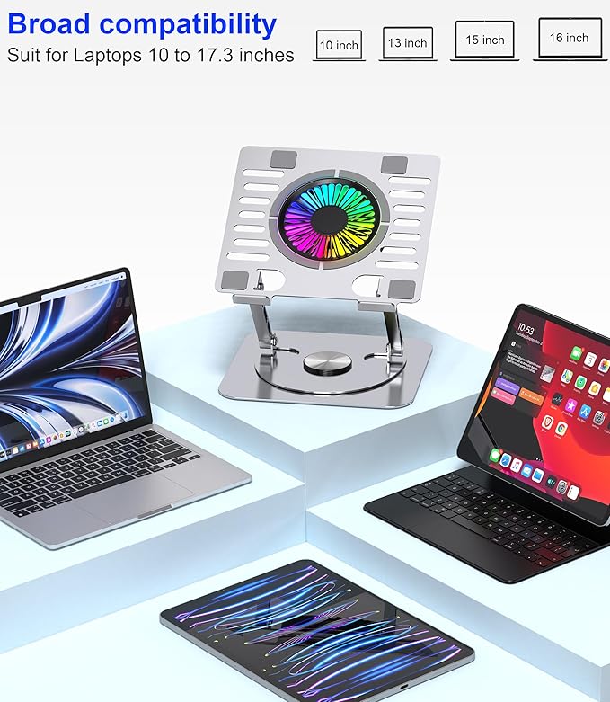 YTech Laptop Stand,with 360°Rotating Base,External Cooling Fan,Adjustable RGB Lighting,Ergonomic Foldable Notebook Computer Holder.Compatible with All 10-17" Laptops Tablets,Silver