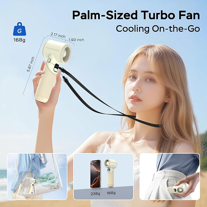 Portable Handheld Turbo Fan丨5 Speed Foldable Hand Fans丨Max 20 Hours Runtime丨Rechargeable Mini Pocket Cooling Fan for Travel, Outdoor Activities, Gifts for Women