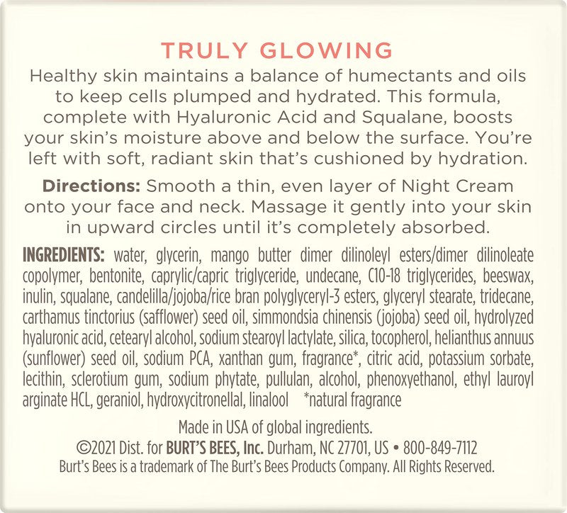Burt's Bees Truly Glowing Night Cream Unisex 1.8 oz, White (I0115908)