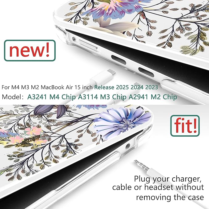 TWOLSKOO for MacBook Air 15 inch Case 2026 2025 2024 2023 Release M5 A3448 M4 A3241 M3 A3114 M2 A2941, Plastic Hard Shell & Screen Protector & Keyboard Cover & Type C Adapter, Garden Flower