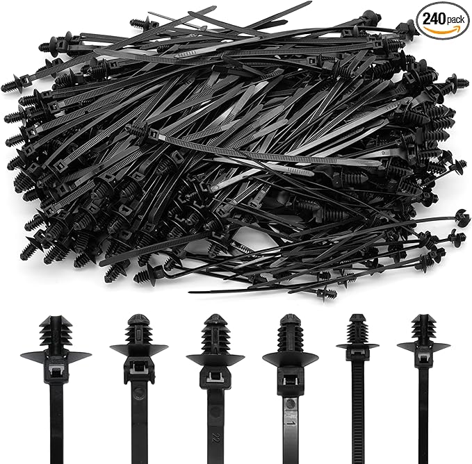 Semrien 240 Pcs Push Mount Cable Ties Assorted Sizes, Black Nylon Push Mount Zip Ties Wire Harness Clips, 6-Types Snap in Zip Ties Self Locking Automotive Wire Ties for Wire Tying, Automotive