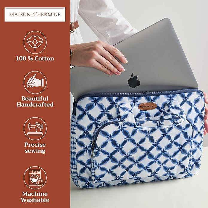 Maison d'Hermine Laptop Bag with Pocket Upto 15.5 inch Stain and Water Repellent Cotton Canvas Spring Summer (Shibori)