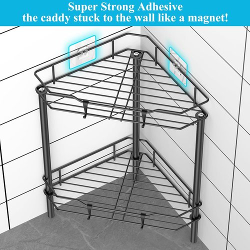 HuggieGems 2-Tier Floor Standing Corner Shower Caddy Organizer - Matte Black Bathroom Shelf with Hooks