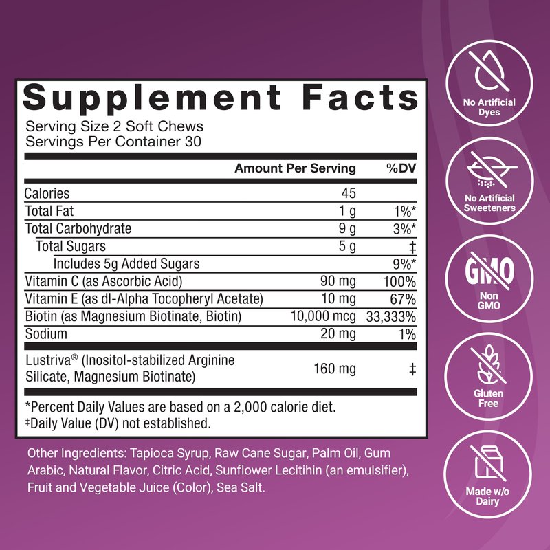 Force Factor Hair Growth Accelerator Soft Chews, Vitamins for Women and Men with Clinically Studied Lustriva and Biotin, Promotes Thicker, Fuller, Stronger Hair, Mixed Berry, 60 Soft Chews (Pack of 2)