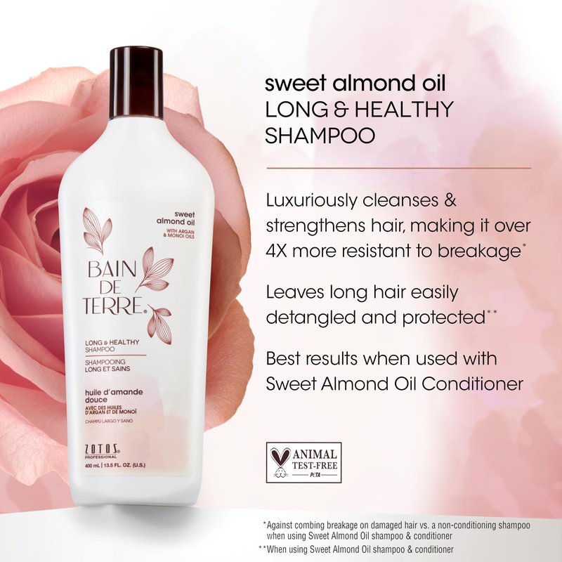 Bain de Terre Sweet Almond Oil Long & Healthy Shampoo, Strength & Protection for Weak, Damaged Hair, with Argan & Monoi Oils, Paraben-Free, Color-Safe, Vegan, 33.8 Fl Oz