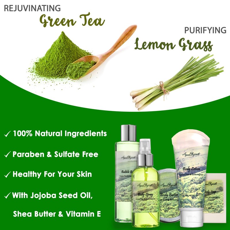 Aqua Elegante Full Spa Gift Set - 15 Piece Premium Bath Basket with Wash, Bubbles, Lotion, Salts, Body Scrub, Towel, Shower Puff, Bathbombs, Reusable Basket, Gifts for Women - Green Tea & Lemongrass