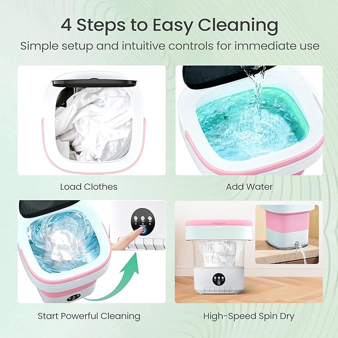 Portable Washing Machine - 16L Mini Foldable Washer with Spin Basket, 3 Cleaning Modes & Deep Cleaning for Small Clothes, Collapsible Laundry for Apartment, Home, Hotel and Travel (Pink)