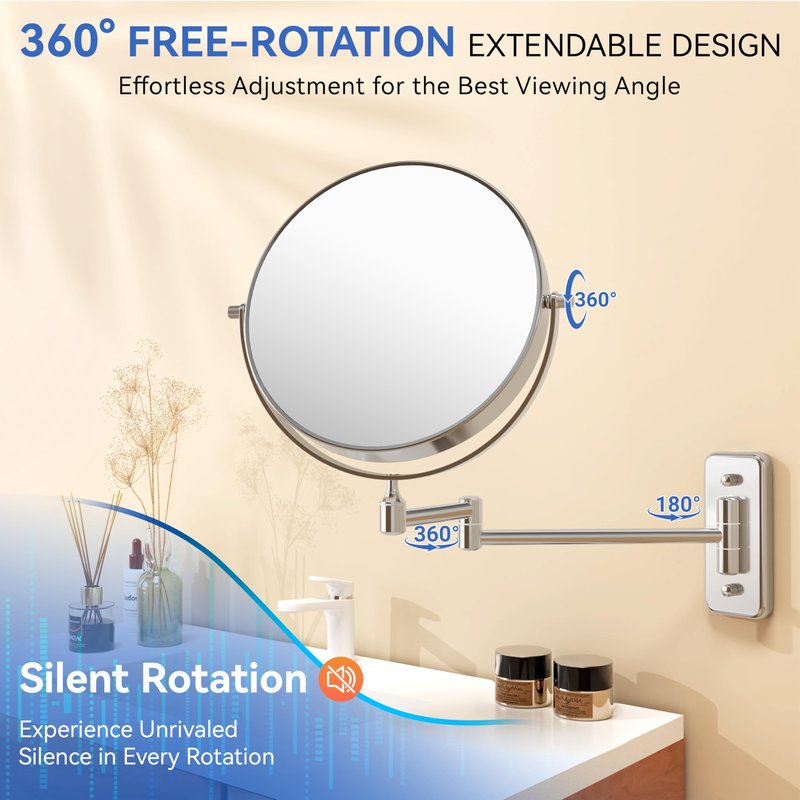 Auxmir 8'' Wall Mounted Makeup Mirror, 1X/30X Double-Sided Magnifying Mirror with Tweezer, HD Bathroom Makeup Mirror, Cosmetic Vanity Mirror with 360 Rotation Extendable Swivel Arm, Chrome