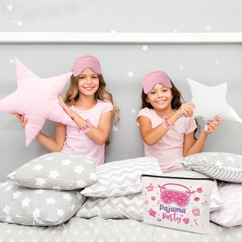Sleepover Party Supplies - 24 Pcs Spa Party Kit for Girls | Makeup Bags, Satin Eye Masks & Scrunchies