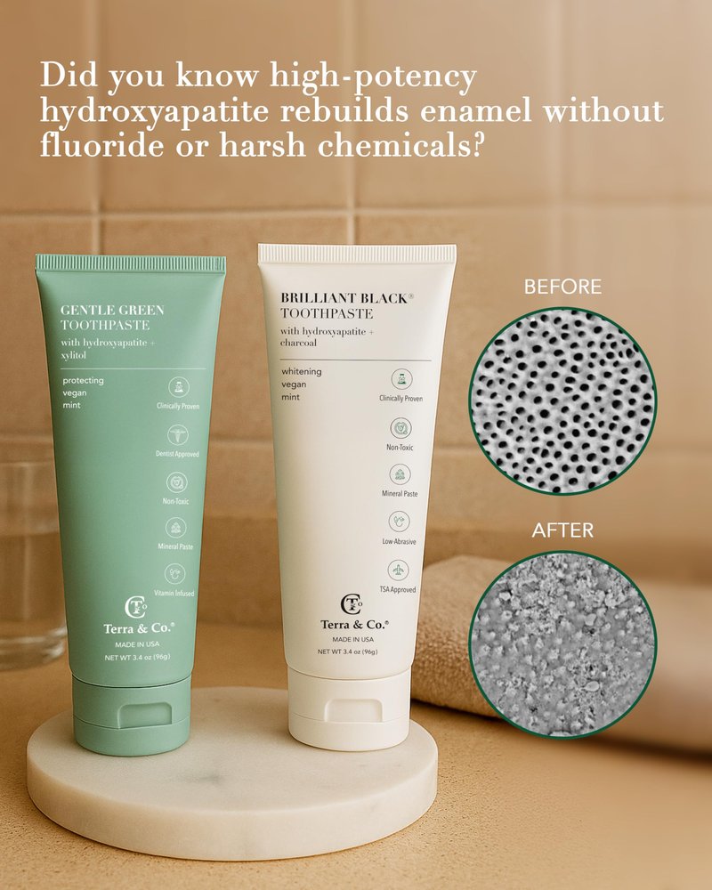 Terra & Co. Toothpaste Combo - Brilliant Black & Gentle Green Formulas for Sensitive Teeth - US-Made - Natural, Vegan, Remineralizing Micro-Hydroxyapatite - Fluoride-Free & SLS-Free - Mint, 3.4 Oz