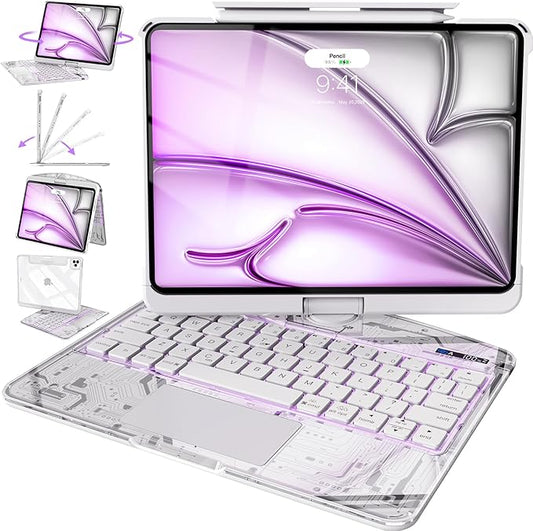 Intermerge Transparent Case with Keyboard for iPad Air 13"(M4/ M3/ M2, 2026/2025/ 2024) & Pro 12.9" (2022-2018) - 360° Swivel Multi-Touch Trackpad, 7-Color Backlit, Pencil Holder, Frost Pulse