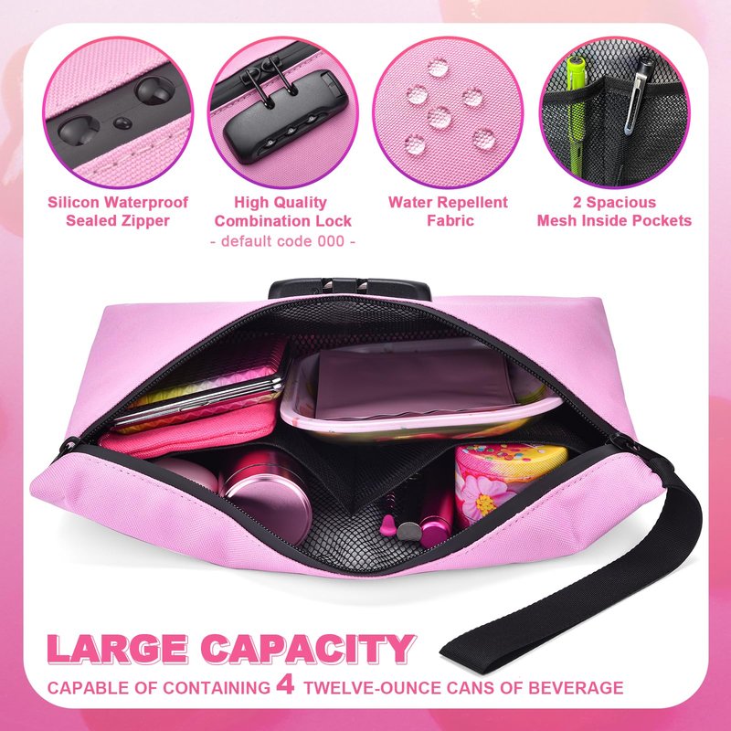MAICHENG Smell Proof Bag with Combination Lock and 10 Accessories, Travel Medicine Odorless Storage Lock Box Case Container, Unique Design, Ideal Gift for Women, Pink