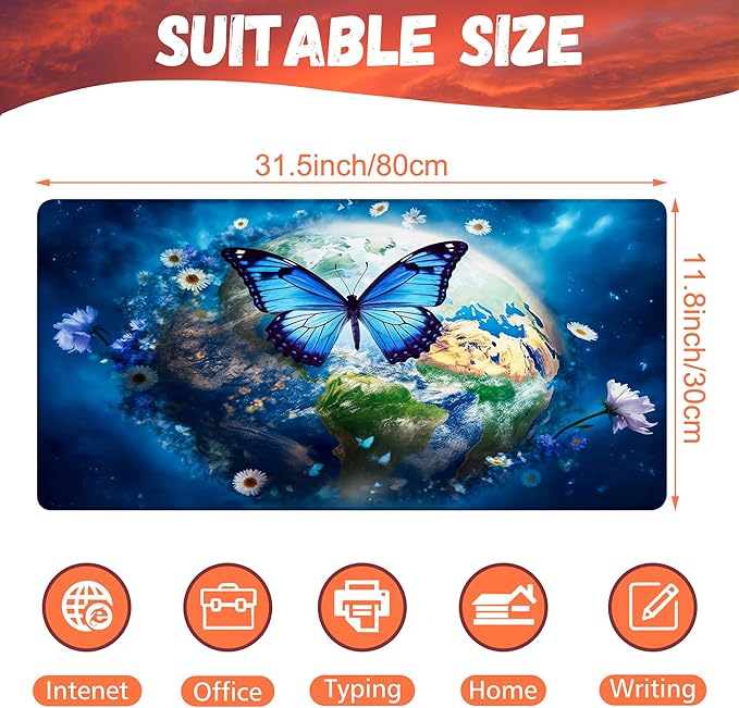 KOAIWPAE Desk Mat, Earth Surrounded by Flowers Desk Pad, Blue Butterfly Large Gaming Mouse Pad, 31.5"x15.7", Extended Big Computer Keyboard Mouse Pad with Non-Slip Base and Stitched Edge