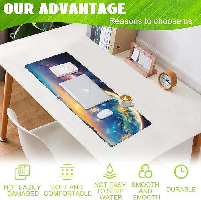 Eflxamz Desk Mat,Galaxy Earth Planet Desk Pad,Science Fiction Cosmic Large Gaming Mouse Pad for Desk,Extended Big Computer Keyboard Mouse Pad with Non-Slip Base and Stitched Edge,31.5"x11.8"