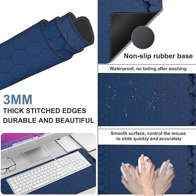 NITAHHHY Large Mouse Pad Hexagon Style Gaming Desk Pad Computer Keyboard Non-Slip Waterproof Mouse Mat with Rubber Base and Stitched Edges Entertainment Office Writing Desk Mat 35.4 x 15.7 Inches