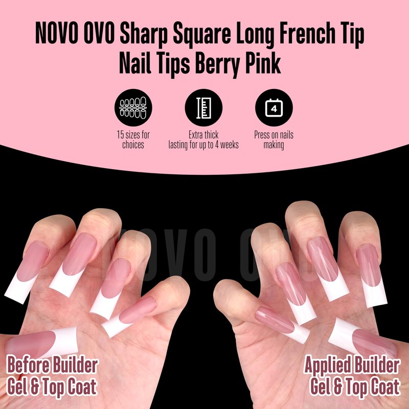 NOVO OVO Long Sharp Square White French Tip Nail Tips Press on BERRY PINK, Extra Thick NEED Builder Gel & Top Coat & Glue, Soft Gel full Cover False Fake Nail Extension for Salon DIY x 15 Sizes 180 pc