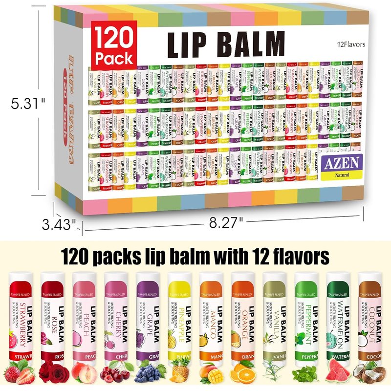 Azen Lip Balm Bulk - 120 Pack Moisturizing Lip Balms for Dry Cracked Lips | 12 Delicious Flavors