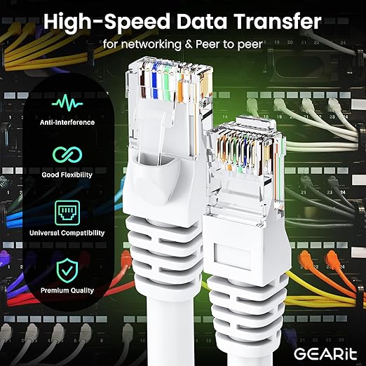 GEARit Cat 6 Ethernet Patch Cables 4 ft White (Cat 6 Ethernet Cables 4 ft 24-Pack), High Speed 24AWG 10Gbps RJ45 Snagless Gold-Plated, Ethernet Cable for Router, Switch, PC, PS5 Gaming, Server
