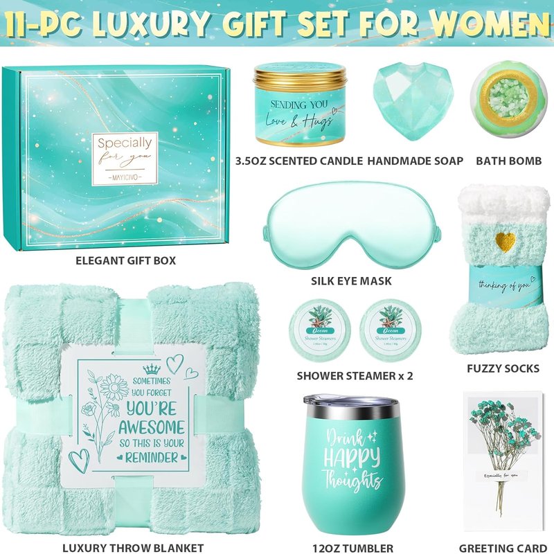Spa Gift Basket for Women - Ocean Relaxing Self-Care Package with Blanket | Perfect Mother's Day & Birthday Gift for Mom, Wife, Girlfriend, Sister