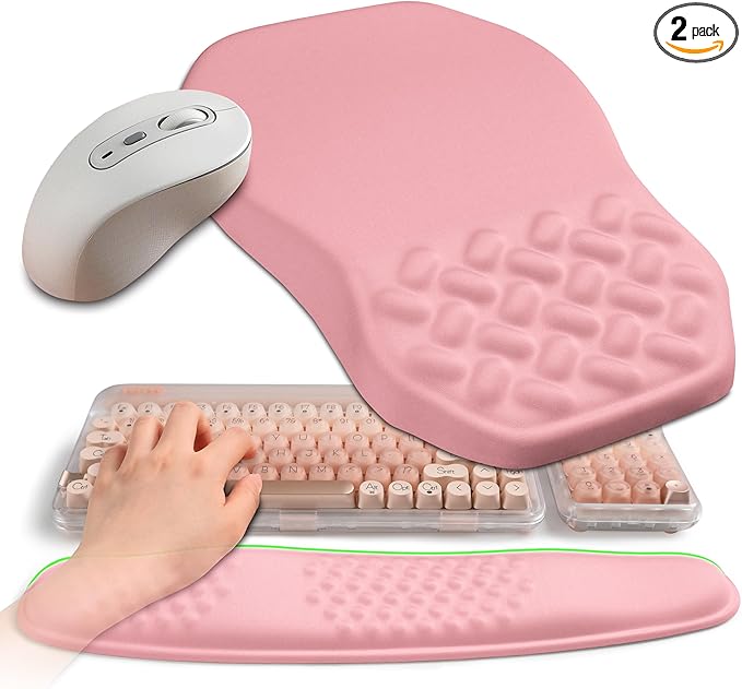 Gleamtide 2-in-1 Ergonomic Set, Wave Keyboard Wrist Rest and Massage Slope Mouse Pad Wrist Support, Rebound Memory Foam for Relieve Carpal Tunnel Syndrome and Wrist Pain (Pink)