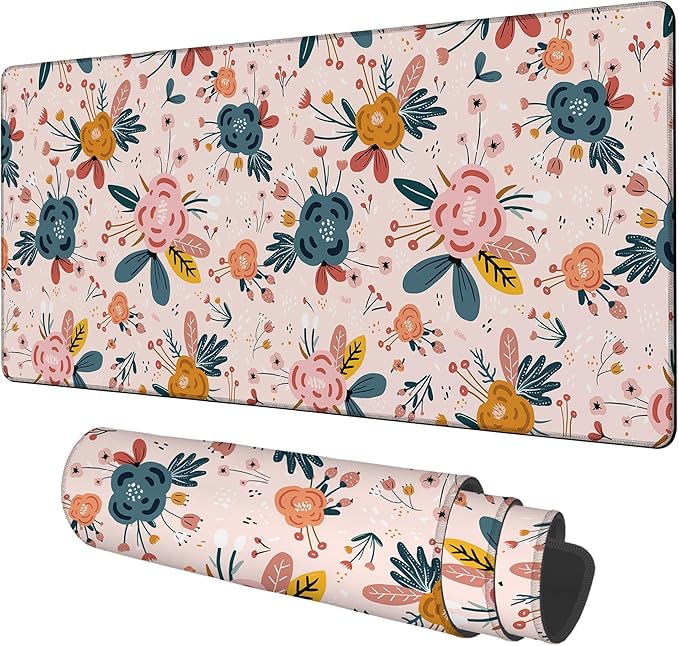 NITAHHHY Gaming Desk Pad Large Extra Length Hand Drawn Floral Mouse Pad Keyboard Laptop Non-Slip Waterproof with Rubber Base Thick Stitched Edge Mouse Mat for Office Home 35.4 x 15.7 Inches