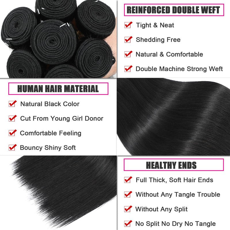 NROOEAY Straight Bundles Human Hair 20 inch 100% Unprocessed Brazilian Straight Hair Bundles 12A Remy Virgin Retain the Intact Cuticle, Long Lifespan