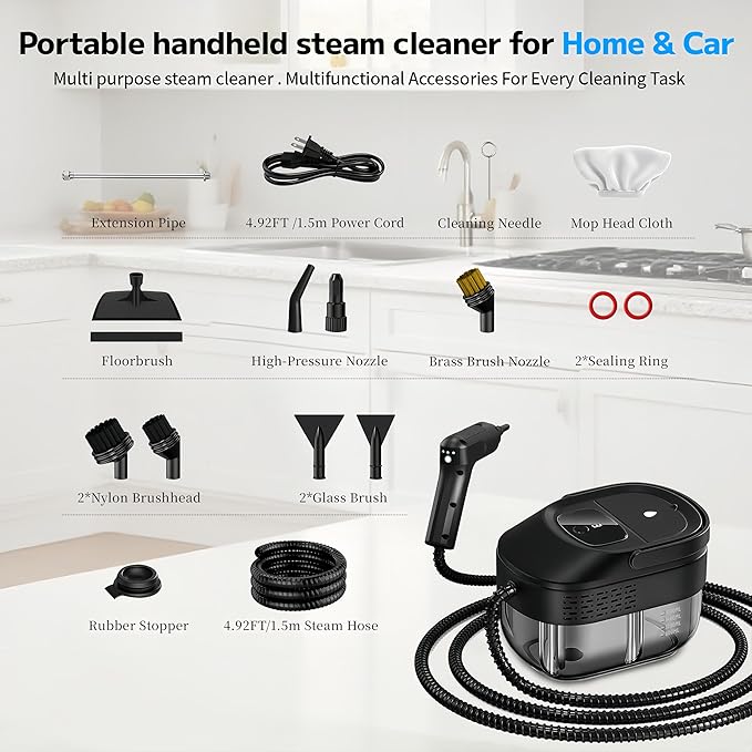 Pressurized Handheld Steam Cleaner 2500W, 54oz Large-Capacity Steamer with 3-Level Adjustable Steam, 15s Heat-Up & 15Pcs Accessories â for Car, Tile, Grout, Couch, Floor, Bed, Dirt, Furniture