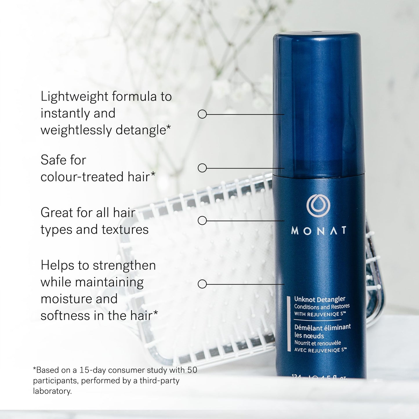 MONAT Unknot Detangler Infused with Rejuveniqe® S - Lightweight, Anti Frizz Hair Detangler Spray Leaving Strands Soft and Knot-free. Safe for Color-treated Hair. -Net Wt. 134 ml / 4.5 fl. oz.