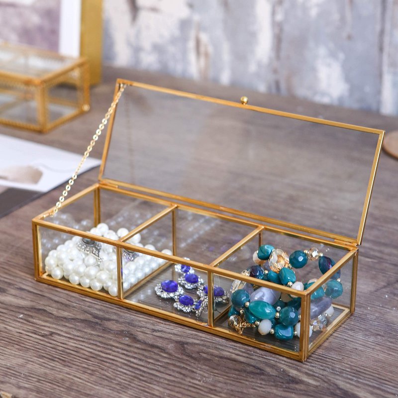 Utopz Vintage Golden Glass Lidded Box Clear Glass & Brass Metal Storage Jewelry and Cosmetic Makeup Organizer with Lid Beauty Display, Rectangle with 3 Compartment