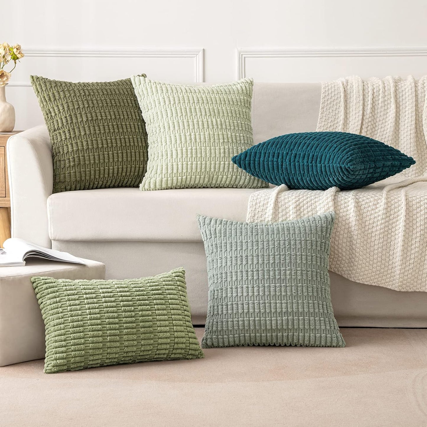 MIULEE Decorative Throw Pillow Covers - Soft Boho Striped Corduroy | Pack of 2, 12x12 Inch, Greyish Green