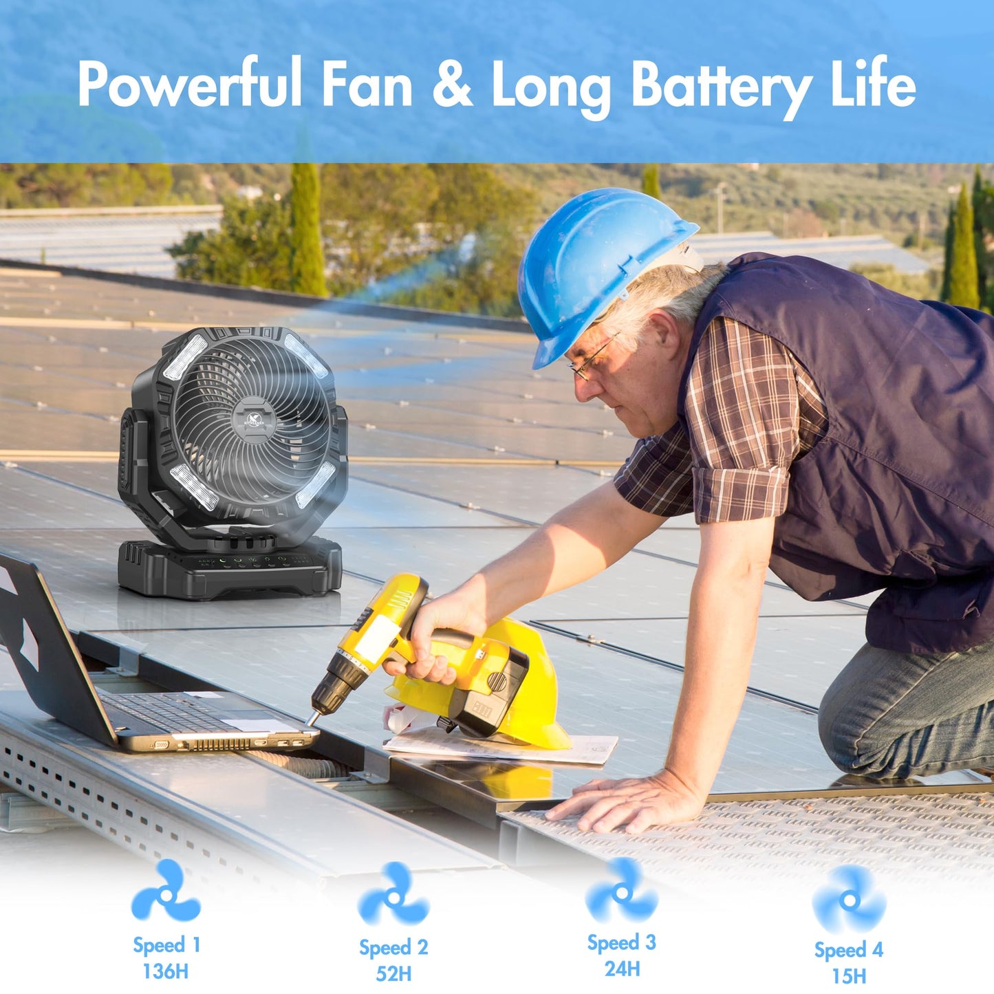 40000mAh Battery Powered Fan, Rechargeable Oscillating Floor Fan with Remote, 136H Cooling Max Camping Essentials for RV, Fathers Day Gift for Men Dad Blue Collar Workers, Co-Branded with AMACOOL