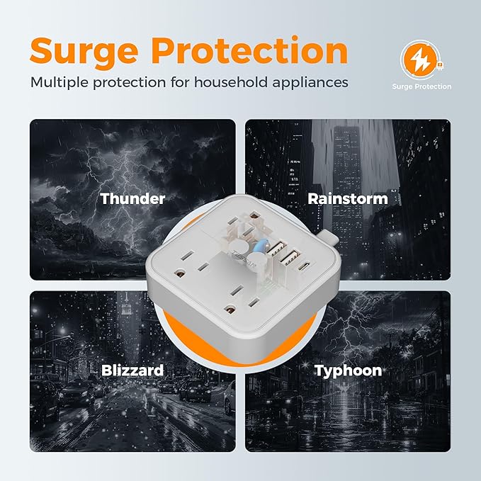 TESSAN Ultra Thin Flat Extension Cord 5 FT, Slim Power Strip with USB Ports (1 USB C), Surge Protector Flat Plug Wall Charger with 3 Outlets for Office, School, Dorm Room Essentials, White