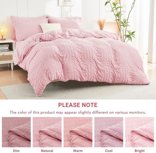 HYMOKEGE Twin XL Comforter Set - Luxury 5-Piece Seersucker Bedding in Pink for All Seasons