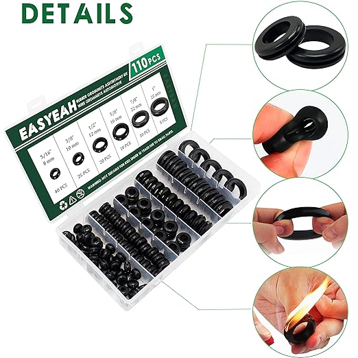 EASYEAH 110 Pcs Rubber Grommets for Wiring - Rubber Grommet Assortment Kit 6 Sizes 5/16 3/8 1/2 5/8 7/8 1 Inch, Cable Hole Plug Firewall Automotive Wire Grommets Set for Sheet Metal, Hardware Repair