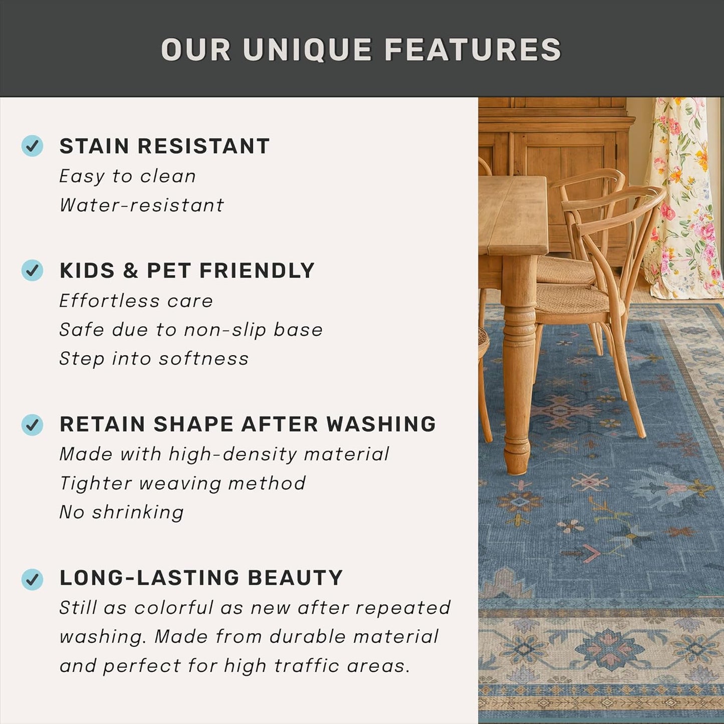 Skiennix Washable 4x6 Area Rug - Stain Resistant Non-Slip Design for Living Room & Kitchen | Light Blue & Aqua Floral Décor