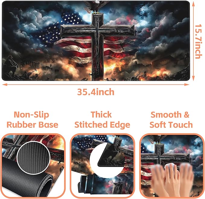 NIYLYNSYN Mouse Pad Large A Cross with an Eagle Non-Slip Game Desk Mat with Stitched Edge Laptop Keyboard Desk Pad for Work Home Gaming (35.4 x 15.7 Inches)