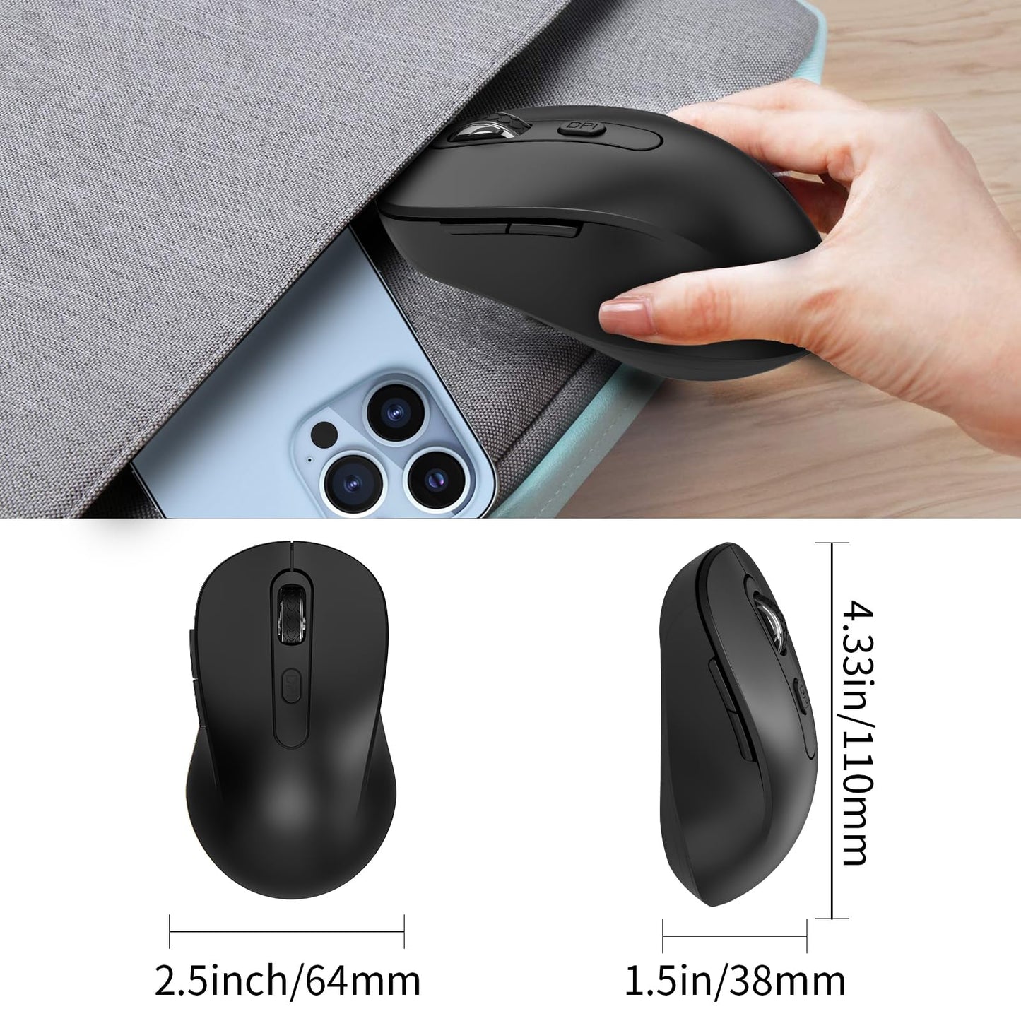 Wireless Mouse for Laptop, PC, Chromebook, Mac, MacBook, Silent Wireless Mouse with USB Nano Receiver, Side Button, 2400 DPI, Anti Slip Roller, 6 Button Ergonomics Cordless Computer Mice - Black
