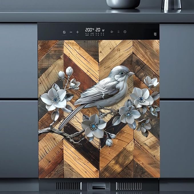 Stainless Steel Bird Flowers Dishwasher Magnet Cover for Home Appliances, Vintage Wood Grain Magnet Refrigerator Panel Decal, Silver Metal Bird Magnetic Dishwasher Sticker 23" W x 26" H