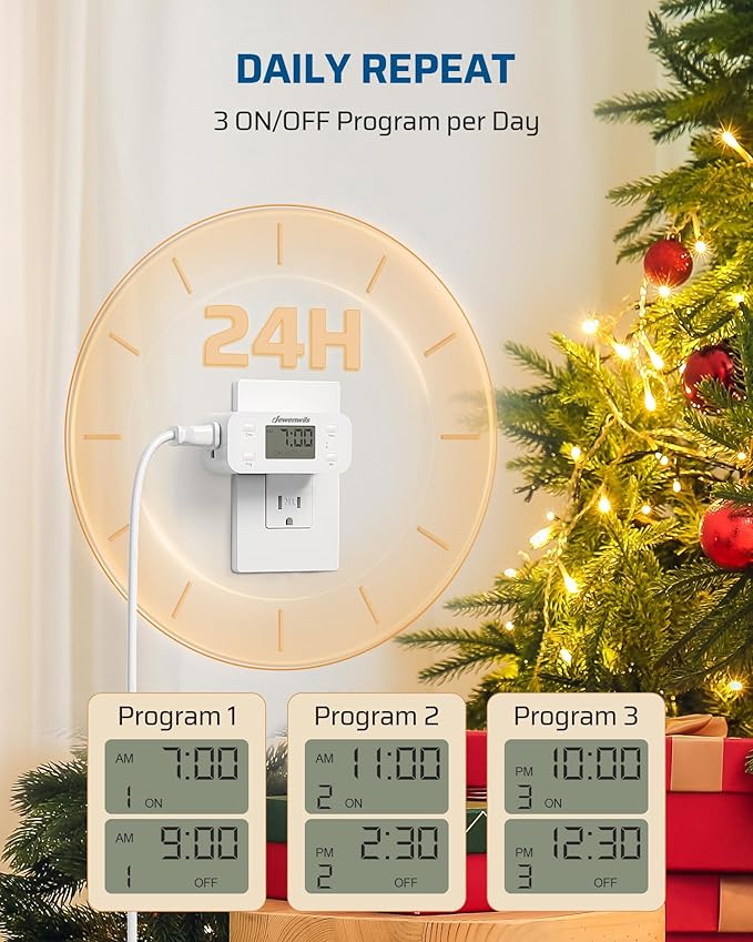 DEWENWILS 24 Hour Programmable Digital Timer Outlet, 2 Pack Timers for Electrical Outlets, Light Timer for Indoor Lamp Fan Aquarium, 1 Grounded Outlet, 125V/15A/1000W, 3 Prong, 1/2 HP,White