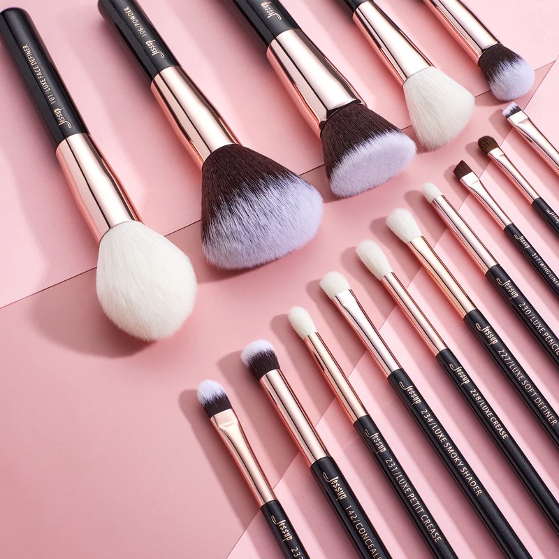 Jessup Makeup Brushes, Labeled Makeup Brush Set Premium Synthetic and Natural Hair Foundation Powder Concealer Eyeshadow Blending 15pcs Brush Kit, Rose Gold/Black T160