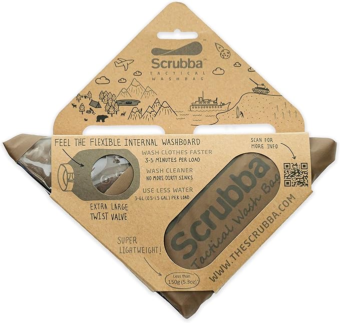 Scrubba Tactical Wash Bag Portable Washing Machine - Lightweight Manual Washing Machine for Travel, Camping, Laundry, Clothes - Camping Accessories, Gift - use with Laundry Detergent/Sheets - 5.6 oz.