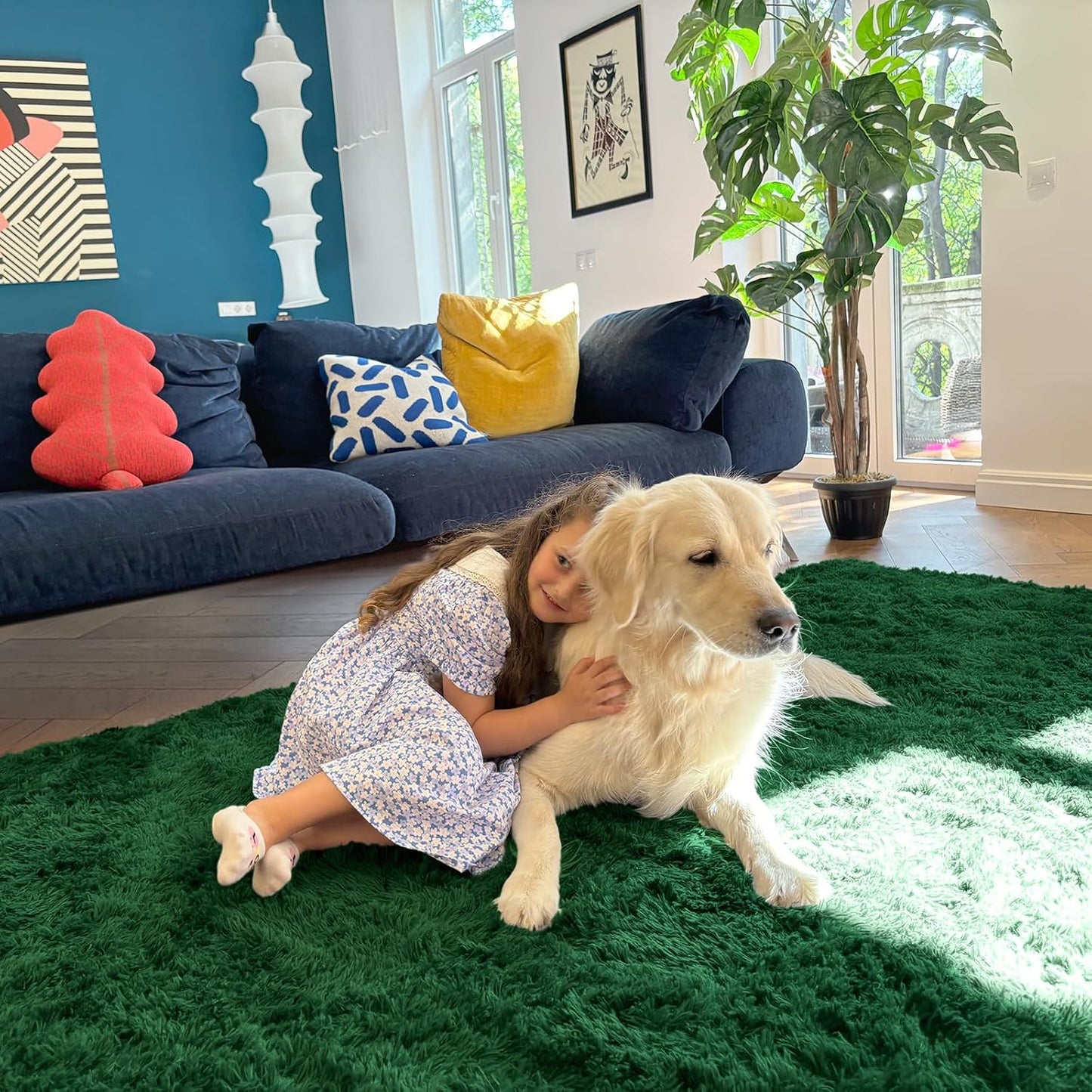 OLANLY Small Bedside Rug - Soft Fluffy Shaggy Carpet for Living Room & Bedroom | Dark Green 3x5 ft